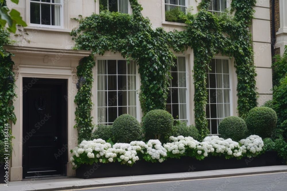 In the vibrant season of spring, a delightful urban house front is beautifully enhanced by lush greenery and an array of blooming hydrangeas In the vibrant season of spring, a delightful urban house front is beautifully enhanced by lush greenery and an array of blooming hydrangeas
