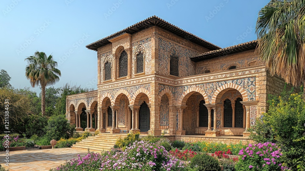 Obraz premium Ornate Moorish-style building, vibrant garden.
