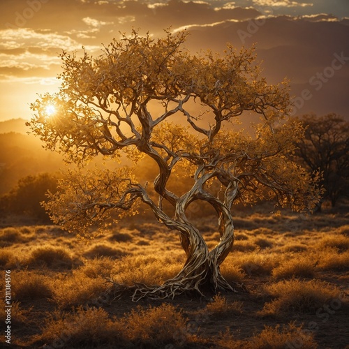 A gold tree with twisting branches, lit by the golden rays of a fantasy sunrise.