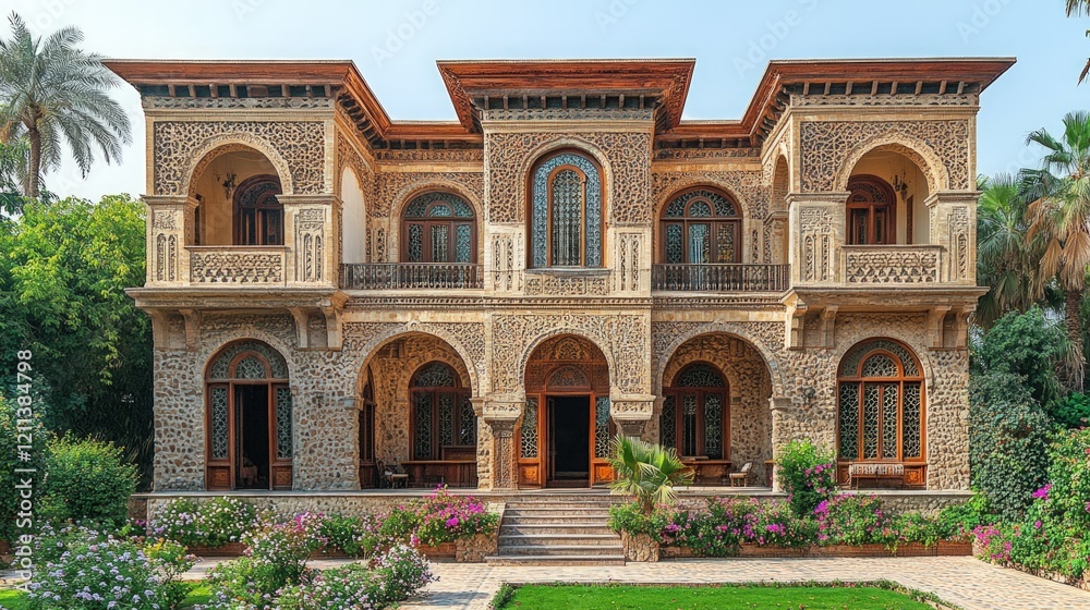 Obraz premium Ornate stone mansion, lush garden, sunny day.