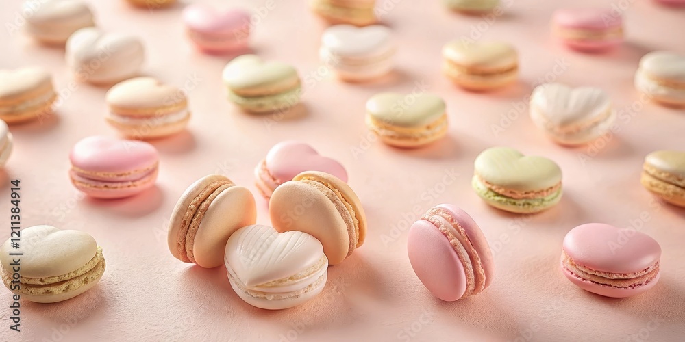 A delightful arrangement of pastel-colored heart-shaped and round macarons on a soft pink surface, showcasing a variety of delicate flavors and textures. A delightful arrangement of pastel-colored heart-shaped and round macarons on a soft pink surface, showcasing a variety of delicate flavors and textures.