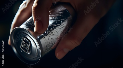 Detailed close up view of a shiny metallic aluminum can with the pull tab being opened showcasing the innovative packaging design and the clean photo