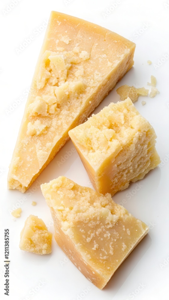 Closeup of Parmesan Cheese Pieces on a White Background. Generative AI Closeup of Parmesan Cheese Pieces on a White Background. Generative AI