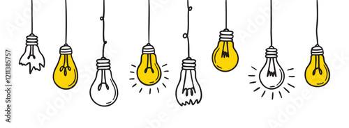 Doodle light bulb lamp icon set. outline yellow light bulb with wire are hanging hand drawn set. different glass incandescent lamps. cartoon light bulbs hanging.