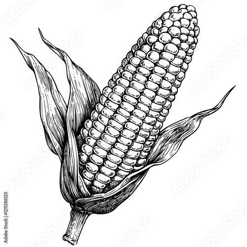Detailed Botanical Illustration of Corn on the Cob with Green Leaves and Kernels