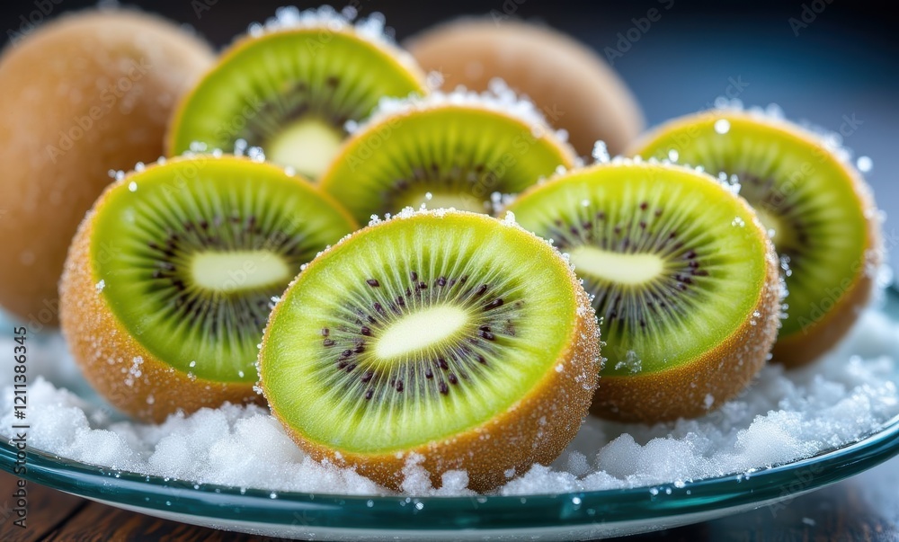 Fresh kiwi slices on a sugar-covered plate Fresh kiwi slices on a sugar-covered plate