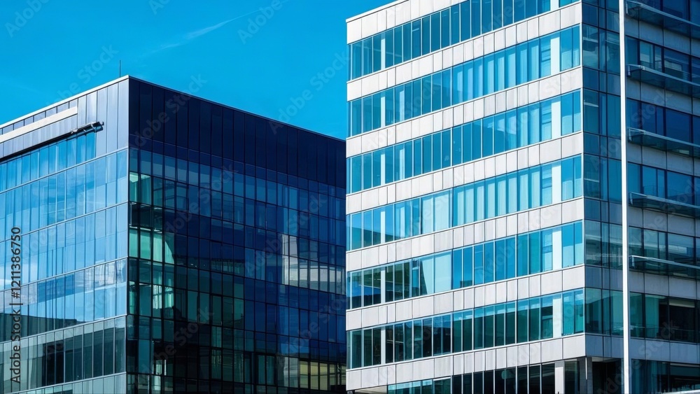 Modern glass and steel office building, symmetrical design, bathed in midday light, showcasing sleek architecture and urban professionalism.