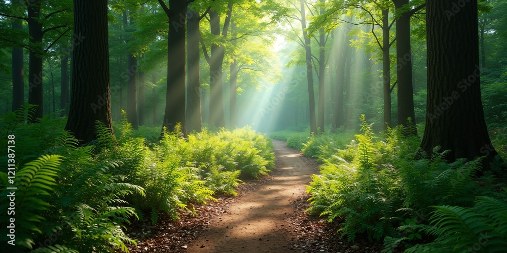 Obraz premium Lush Forest Path with Sunlit Foliage and Serene Atmosphere