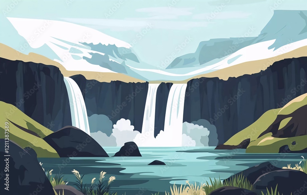 Icelandic landscape with waterfalls, a flat vector illustration in a retro style, with vintage colors, a cartoon design, simple shapes, no gradients, simple lines