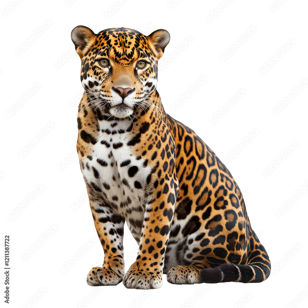 A magnificent leopard sits gracefully, showcasing its striking orange and black spotted coat against a white background. A magnificent leopard sits gracefully, showcasing its striking orange and black spotted coat against a white background.