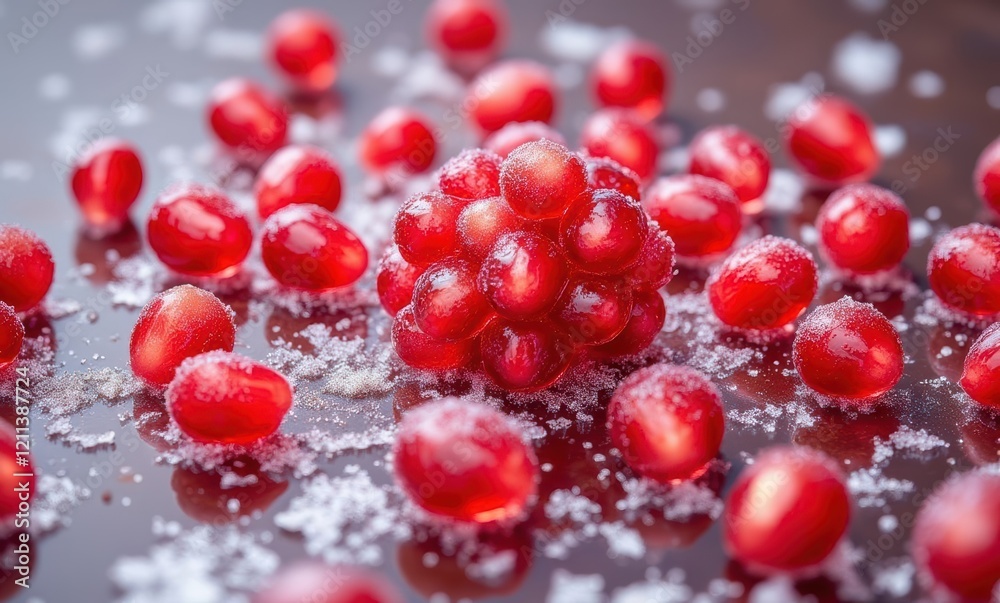 Colorful frozen red candies on a surface Colorful frozen red candies on a surface