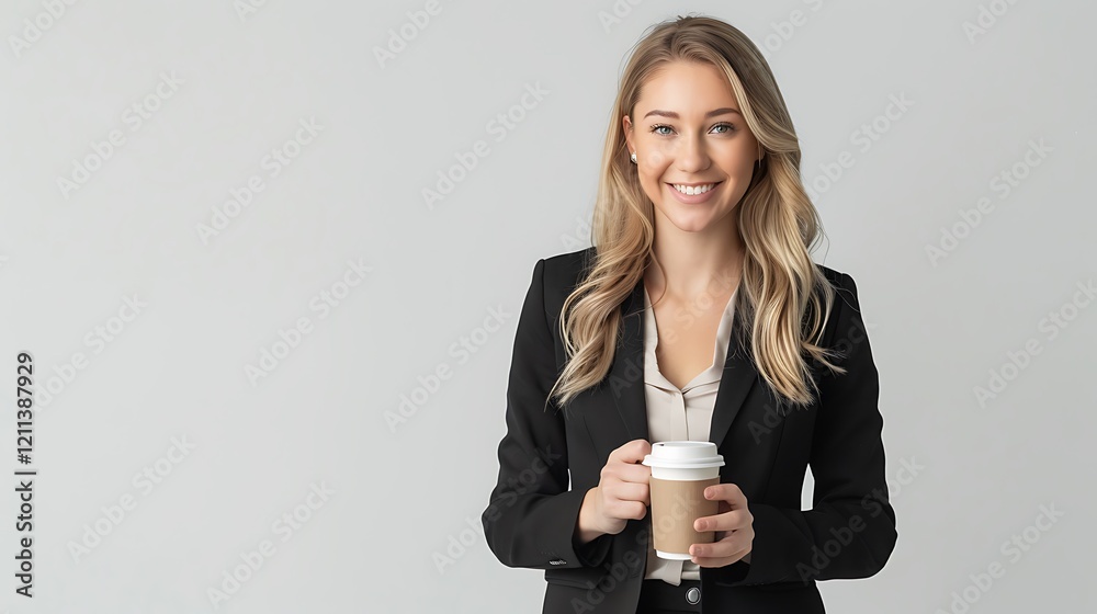 A professional photograph of a confident woman in a sleek black suit, holding a coffee cup and smiling warmly, isolated on a white background. 8k UHD, suitable for high-quality printing or digital A professional photograph of a confident woman in a sleek black suit, holding a coffee cup and smiling warmly, isolated on a white background. 8k UHD, suitable for high-quality printing or digital