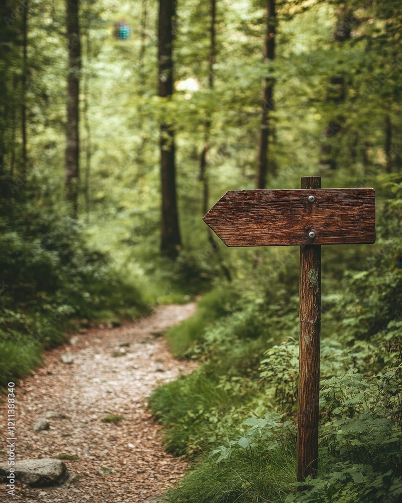A serene image of a wooden arrow sign pointing towards hiking trails in a forest A serene image of a wooden arrow sign pointing towards hiking trails in a forest