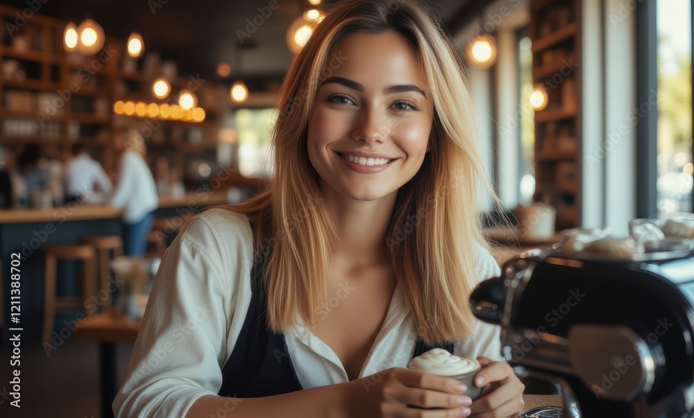 Smiling woman enjoying coffee in café Smiling woman enjoying coffee in café