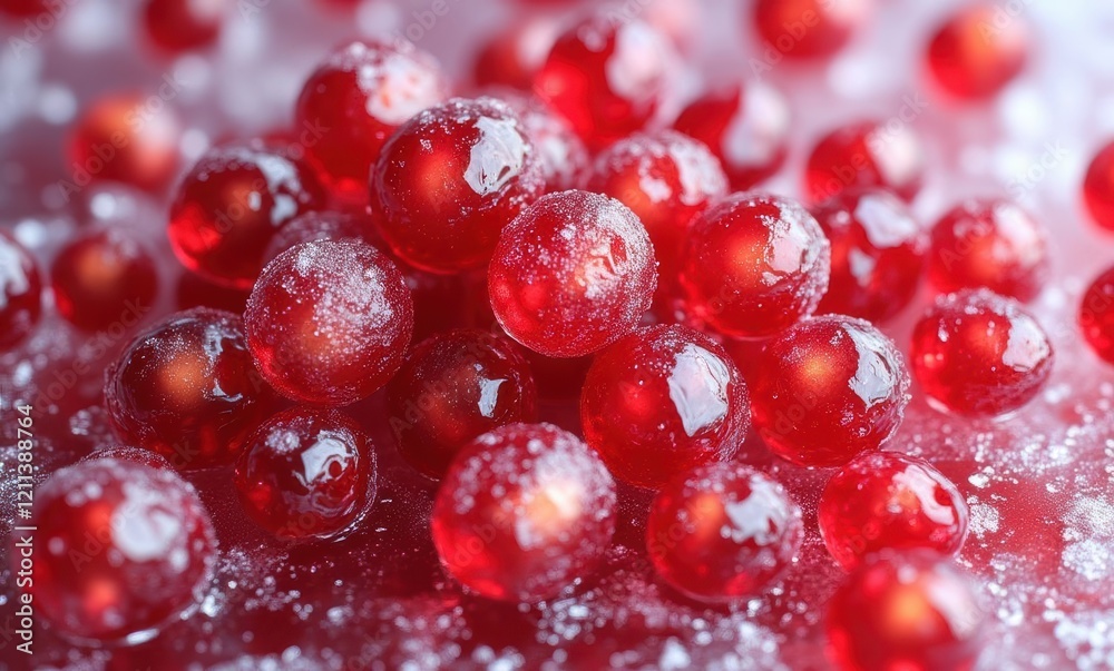 Red candy-like spheres with sparkling sugar Red candy-like spheres with sparkling sugar