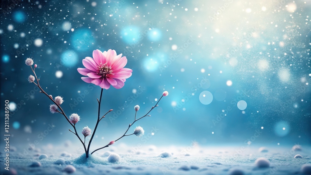 Naklejka premium A Delicate Pink Blossom Bravely Blooms Amidst a Winter Wonderland, a Symbol of Resilience and the Promise of Spring's Arrival