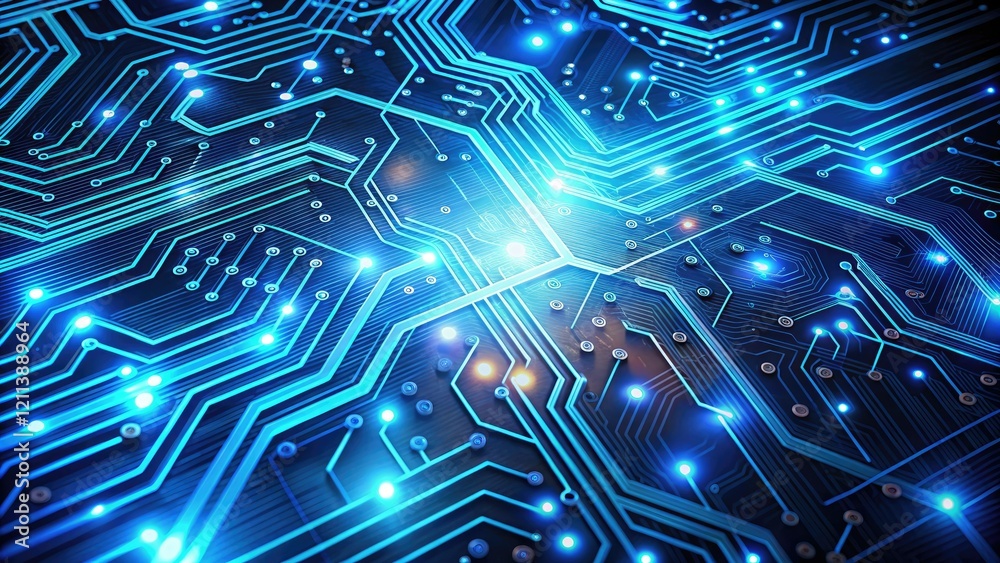 Digital circuit board wallpaper with glowing blue lines and intricate electronics, tech illustration, computer hardware, digital art Digital circuit board wallpaper with glowing blue lines and intricate electronics, tech illustration, computer hardware, digital art