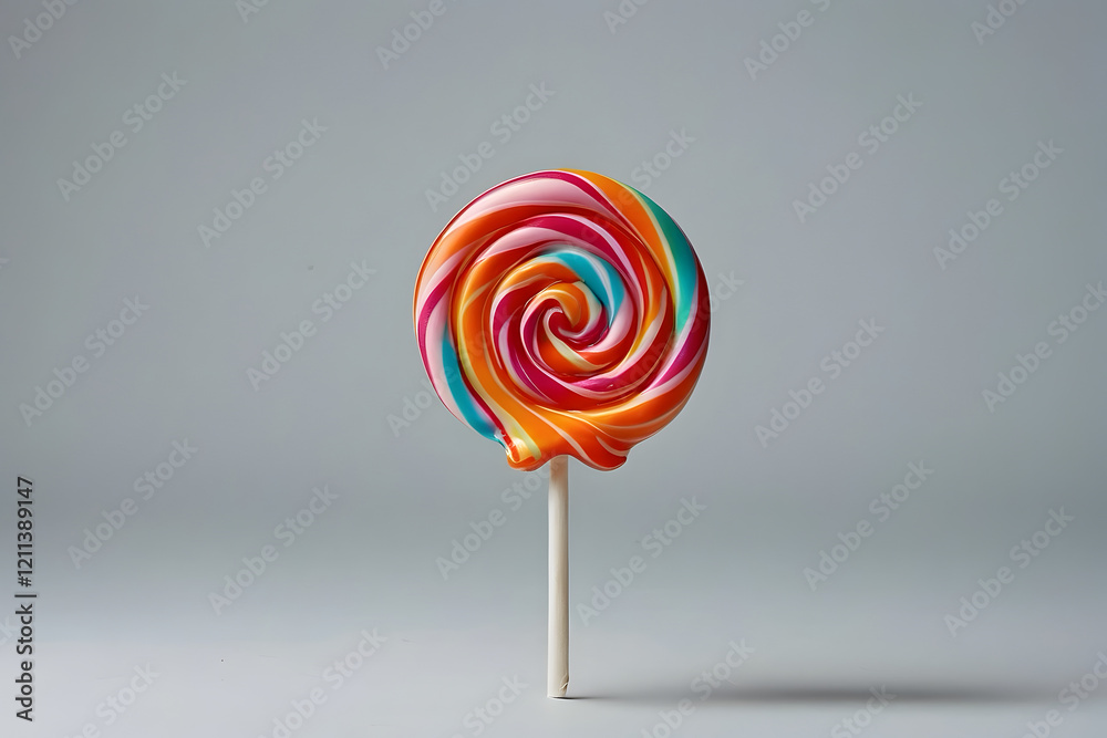 A vibrant, multicolored swirl lollipop centered against an isolated white background A vibrant, multicolored swirl lollipop centered against an isolated white background