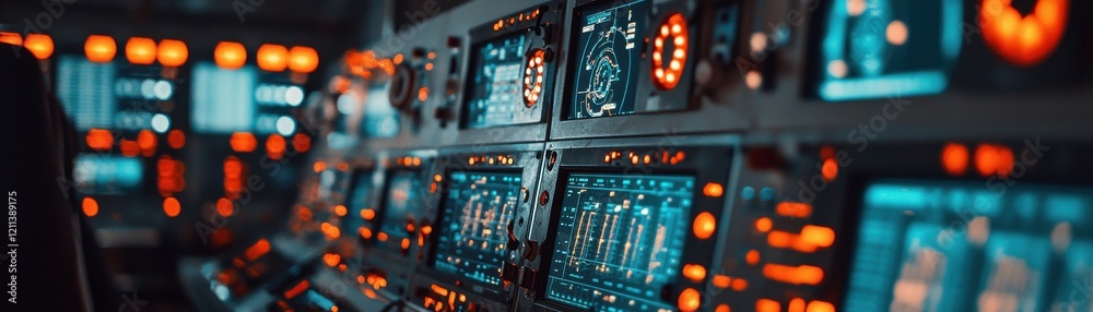 Modern control panel with illuminated digital displays and buttons. Modern control panel with illuminated digital displays and buttons.