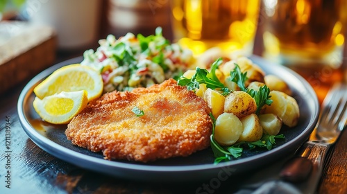 Breaded schnitzel with potatoes and salad in rustic setting.