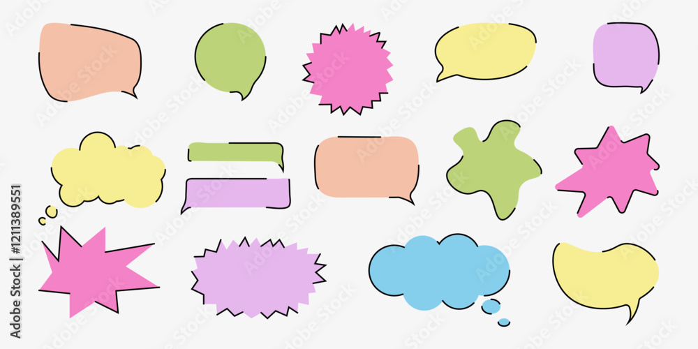 Speech Bubble Set in Doodle Style. Multicolored Line Art Chat Balloon. Cute Frame speech bubble Collection. Hand Drawn Blocks for Text Box Different Shapes. Dialogue Vector Set in Modern Style. Speech Bubble Set in Doodle Style. Multicolored Line Art Chat Balloon. Cute Frame speech bubble Collection. Hand Drawn Blocks for Text Box Different Shapes. Dialogue Vector Set in Modern Style.