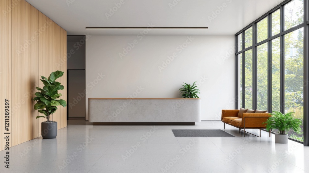 Fototapeta premium Modern reception area with large windows and stylish furniture.