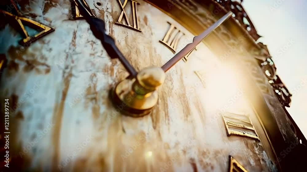 Antique clock face, sunlit, close-up, outdoors, time passing