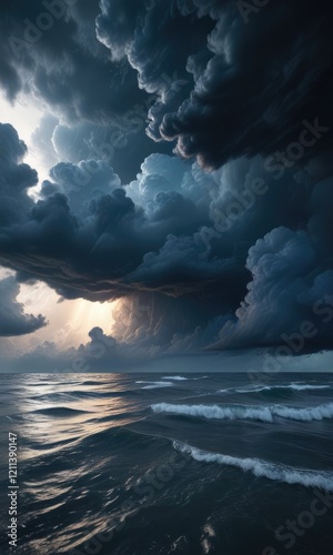 Dark and menacing storm clouds fill the entire blue expanse, suffocating grey, blackening atmosphere, foreboding skies