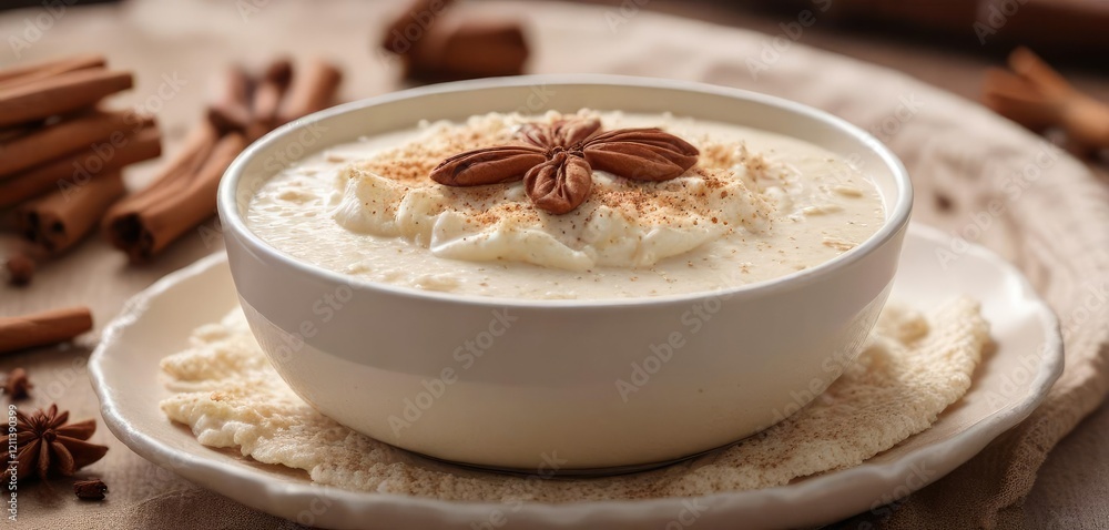Creamy Arroz con leche in a shallow bowl with a sprinkle of cinnamon powder on top, cinnamon, white rice, warm drink Creamy Arroz con leche in a shallow bowl with a sprinkle of cinnamon powder on top, cinnamon, white rice, warm drink