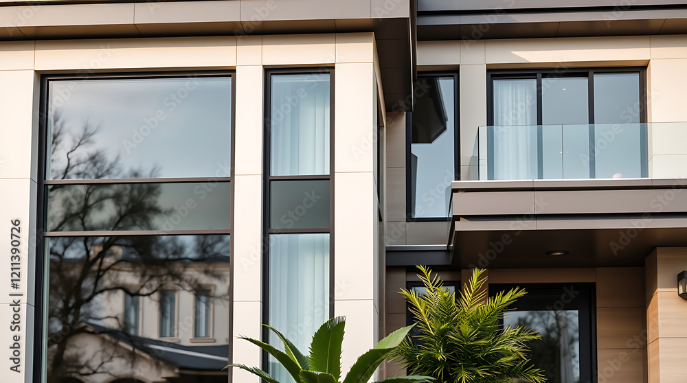 Fototapeta premium Modern House Exterior: Contemporary Architecture Design. Luxury Real Estate, Residential Building with Glass Balcony and Large Windows. Stunning Facade and Urban Structure