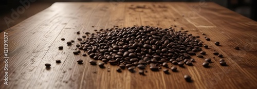 Coffee beans and grounds are scattered across a large, wooden table in a dimly lit room with dark shadows on the walls, beans, disarray