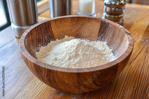 baking artistry: close-up of all-purpose flour in rustic wooden mixing bowl perfect for bread and pastry making in food photography and culinary preparation scene 