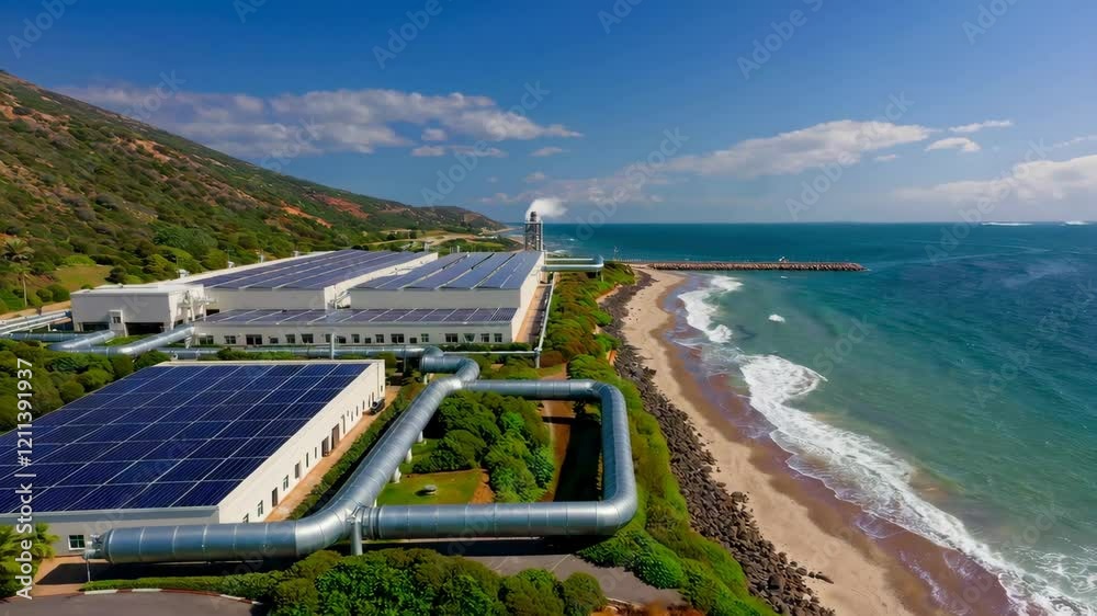 Aerial view of a solar-powered desalination plant along a coastal landscape

