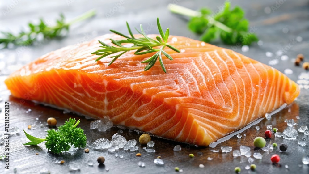 Fresh salmon fillet with visible slime covering its skin, gills, omega 3, slime Fresh salmon fillet with visible slime covering its skin, gills, omega 3, slime