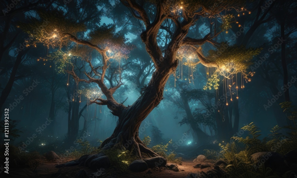 Forest canopy with glowing bioluminescent decorations on tree branches, luminescent trees, bioluminescent woods