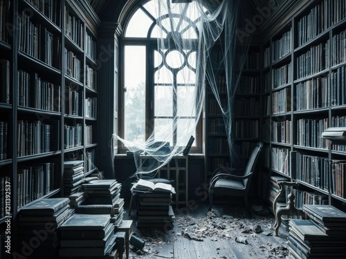Forgotten library with dusty books and a cobweb-covered reading nook, forgotten tomes, musty atmosphere