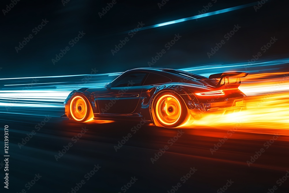 Obraz premium Futuristic Sports Car in Motion with Glowing Wheels