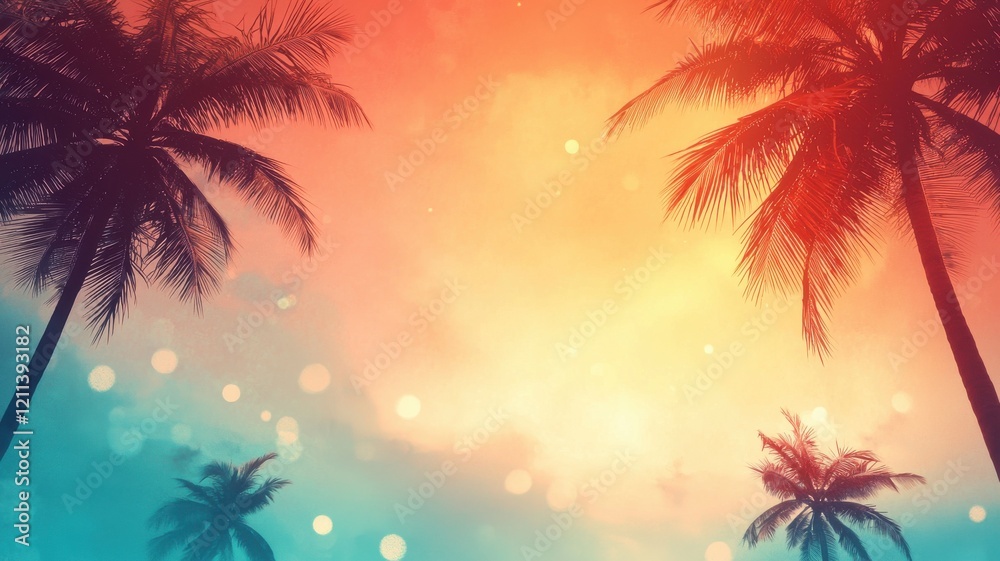 Vibrant sunset with palm silhouettes and colorful bokeh effects. Vibrant sunset with palm silhouettes and colorful bokeh effects.