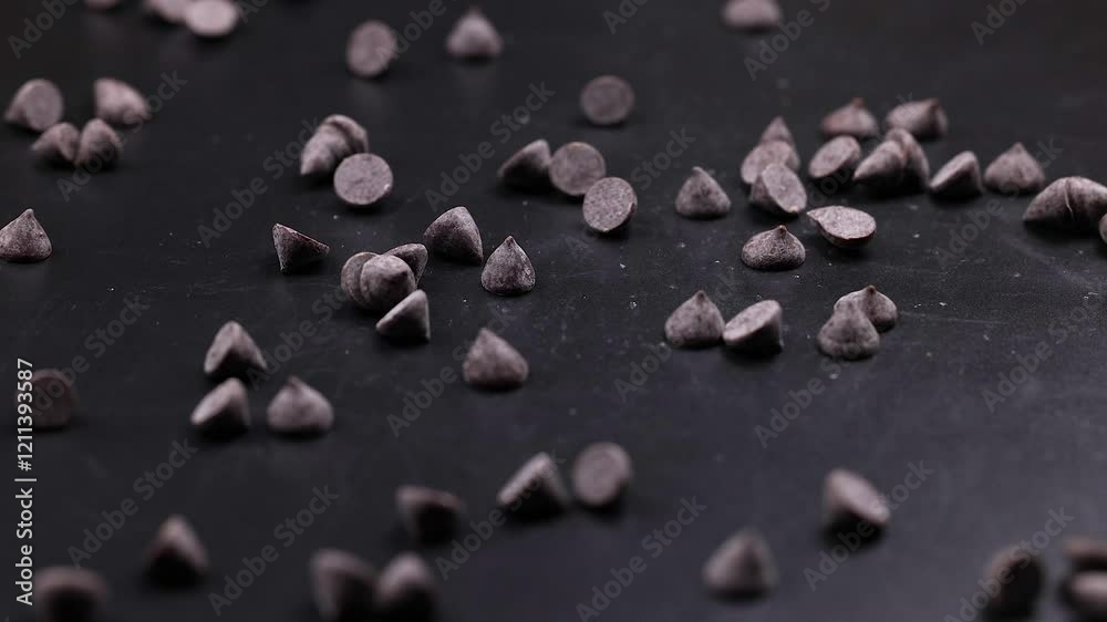 Falling Chocolate Chips on Dark Surface Falling Chocolate Chips on Dark Surface
