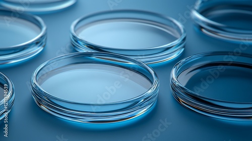 Empty petri dishes on blue background.