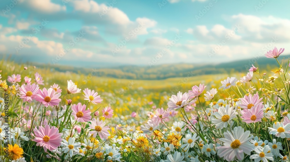 Pastel spring concept. A vibrant field of colorful flowers under a blue sky, showcasing nature's beauty. Pastel spring concept. A vibrant field of colorful flowers under a blue sky, showcasing nature's beauty.