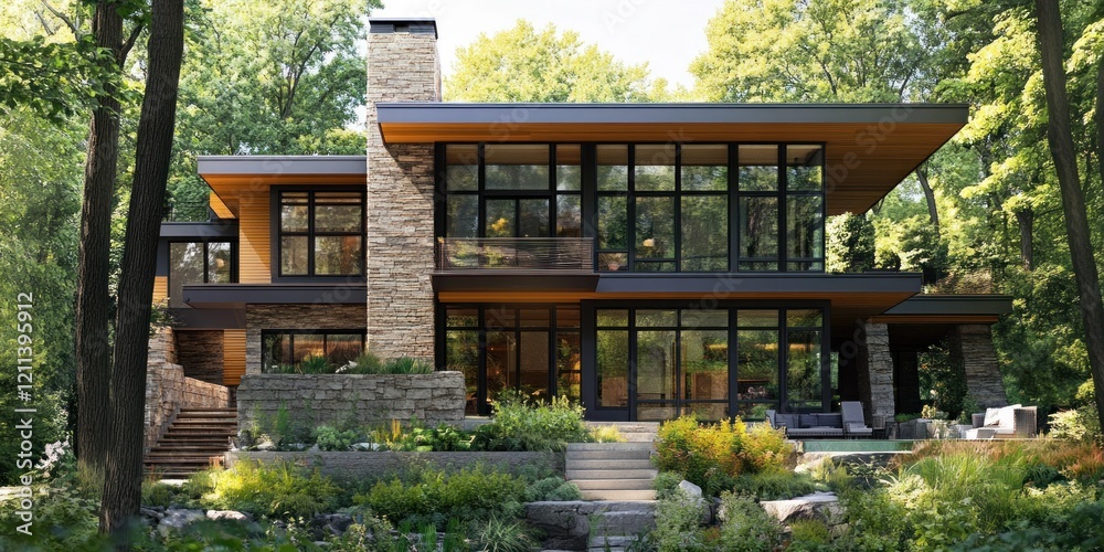 Fototapeta premium Modern Stone House nestled in a lush green forest setting