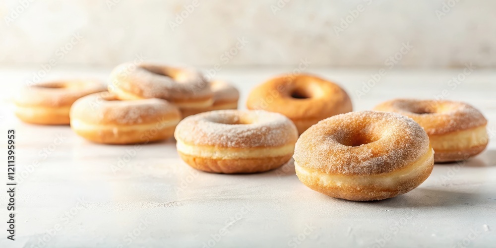 A delightful arrangement of freshly baked, sugar-dusted doughnuts, showcasing their golden-brown hue and delicate texture, sitting on a clean, bright surface. A delightful arrangement of freshly baked, sugar-dusted doughnuts, showcasing their golden-brown hue and delicate texture, sitting on a clean, bright surface.