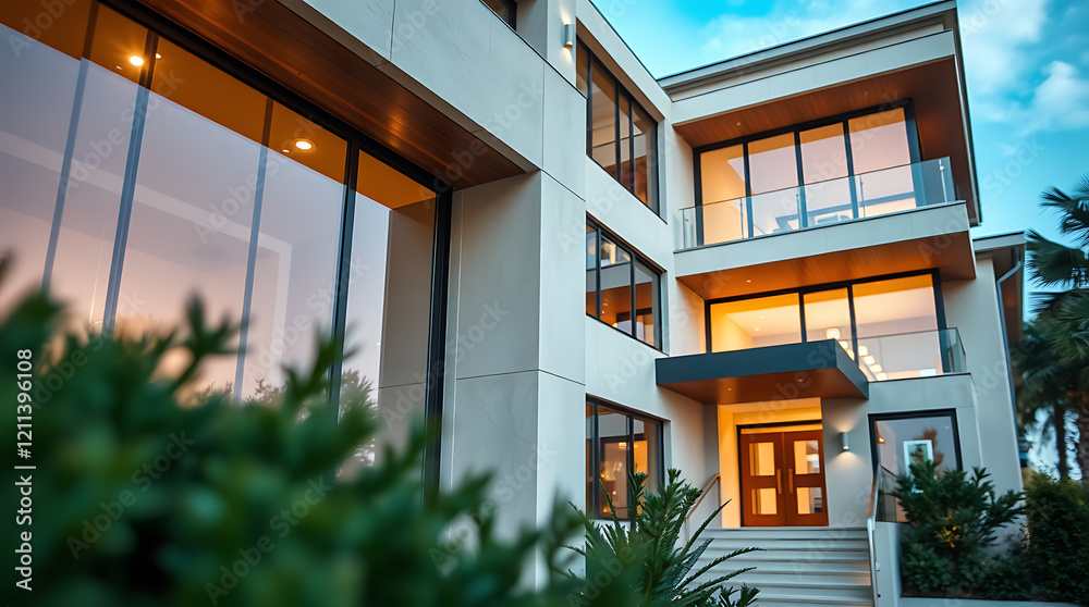 Fototapeta premium Luxury Modern House Exterior: Contemporary Home Design and Architecture. Stunning Villa with Evening Lighting and Landscaping