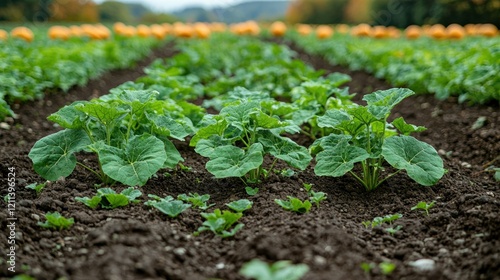 Pumpkin Patch: Young Pumpkin Plants Growing in Rows