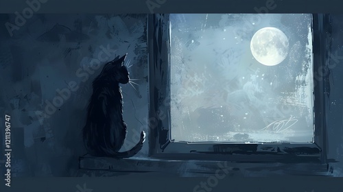 Artistic wallpaper with a sleek black cat sitting under a starry night sky