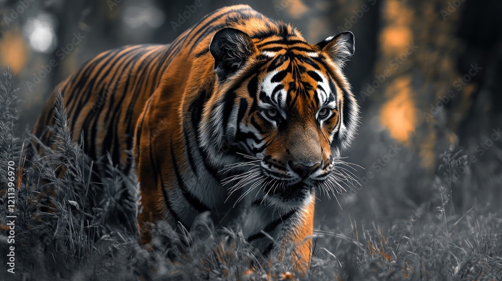Naklejka premium A majestic tiger with vibrant orange and black stripes walking in a dark forest