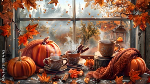 Autumn-inspired wallpaper featuring pumpkins and leaves in a cozy design
