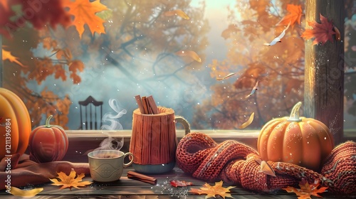 Cozy autumn-themed wallpaper showcasing pumpkins and vibrant fall leaves  .