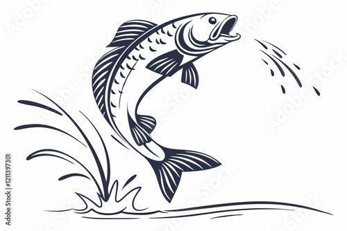 A dynamic and minimalist vector silhouette of a jumping fish, captured in mid-air against a clean white background. The illustration emphasizes the fluid motion of the fish, showcasing its graceful